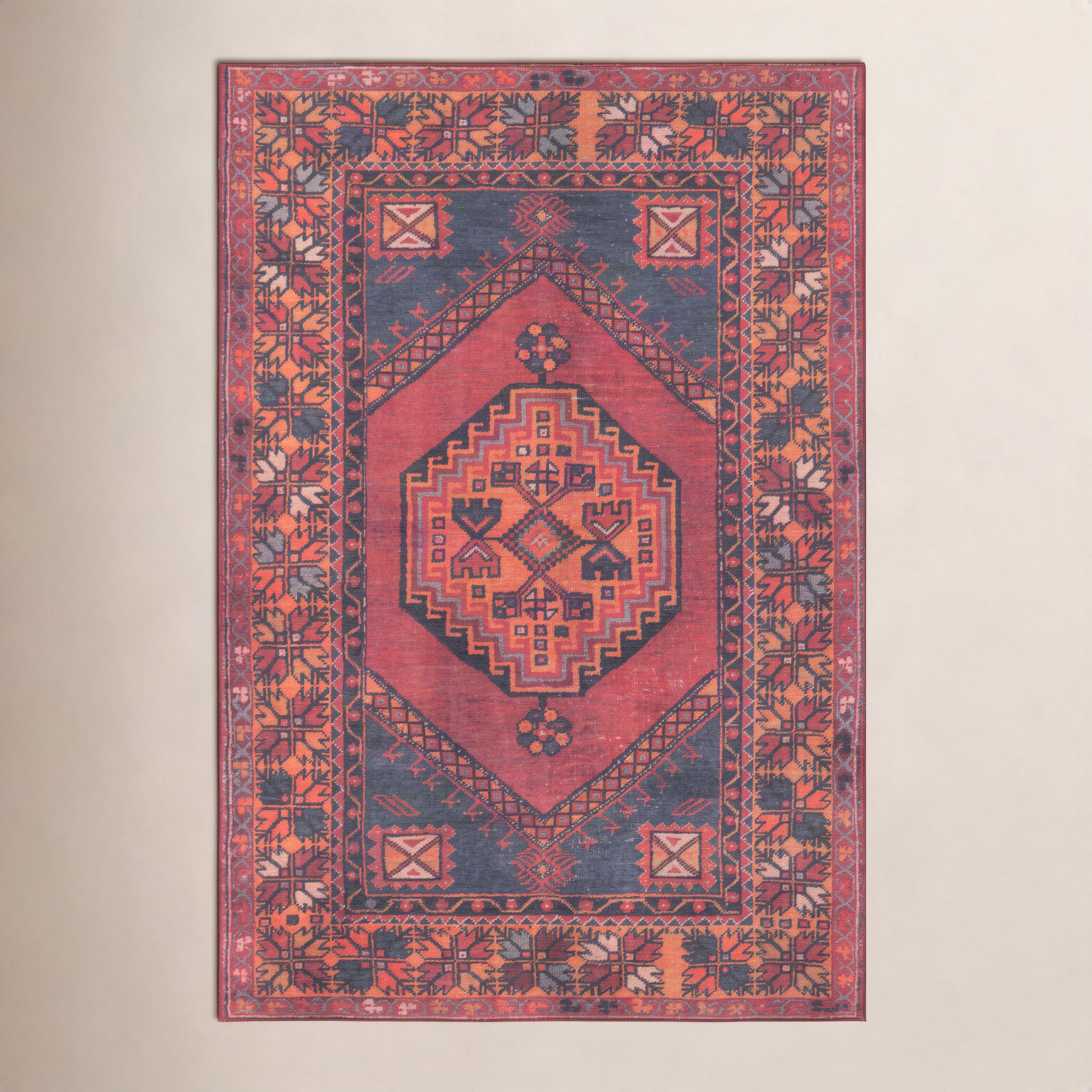 Isthia Red Blue Orange Oriental Rug, Rectangle 7'6" x 9'6"