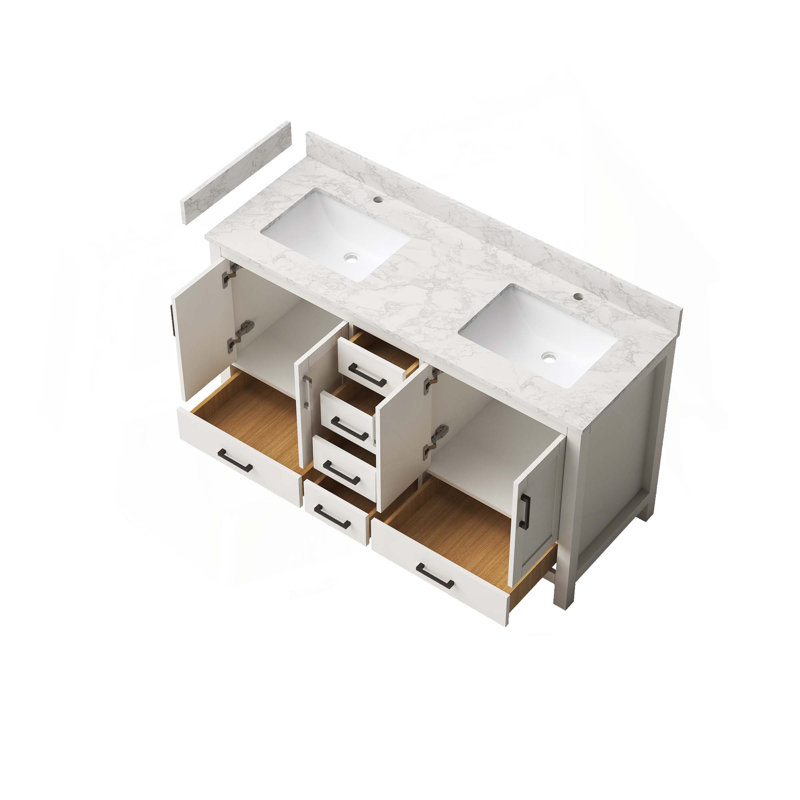 Meuble-lavabo autoportant moderne avec lavabo double, portes, tiroirs et robinet, Blanc, 60"