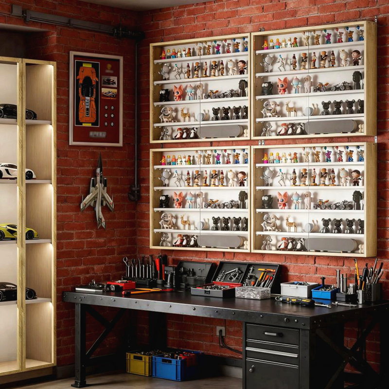 Vitrine murale en verre avec 4 tablettes réglables, Chêne / Blanc