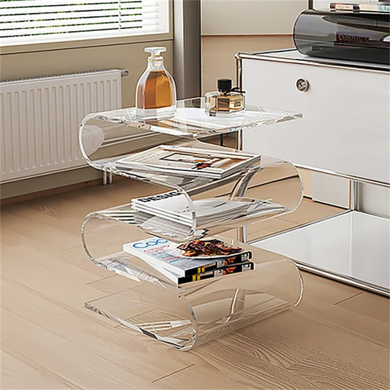 S-Shaped Acrylic Side Table, Transparent No-Assembly Multifunctional End Table with 4 Open Storage Shelves, 0.47" Thick Acrylic Accent Table for Living Room, Sofa, Bedroom & Balcony