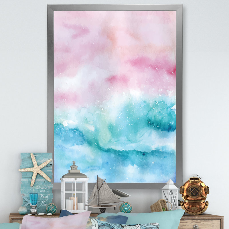Abstrait océan rose et vagues bleues III - Peinture, H 12 po x l 8 po x P 1 po, Cadre photo argenté