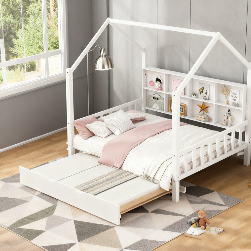 House Bed with Trundle,Kids Bed with Shelf, Twin
