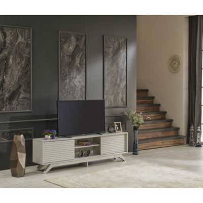Solid Wood Mid Century Modern Tv Stand, 67 Inch Grey With 2 Sliding Door Cabinets And Shelves, Store Unit Stand Grey, Elegant