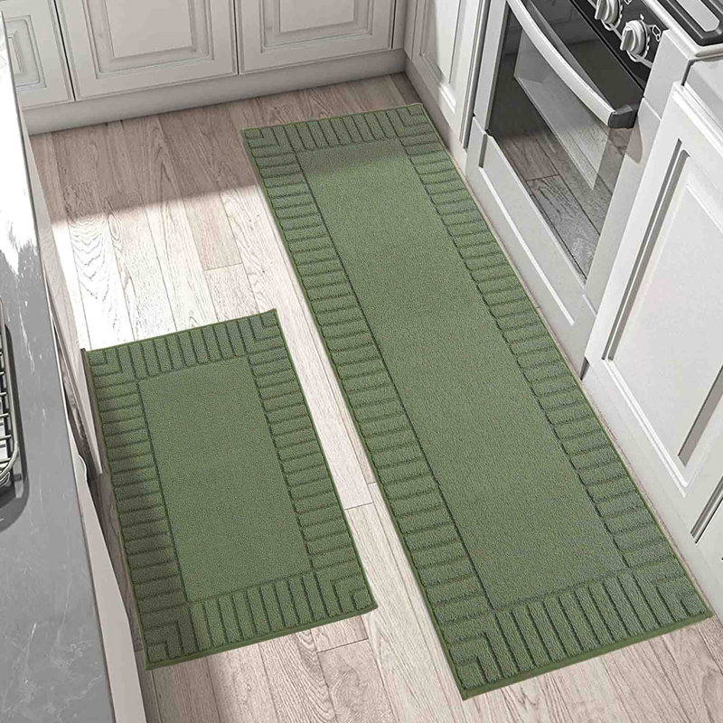 Green Rectangular Non-Slip Synthetic Kitchen Mat Set