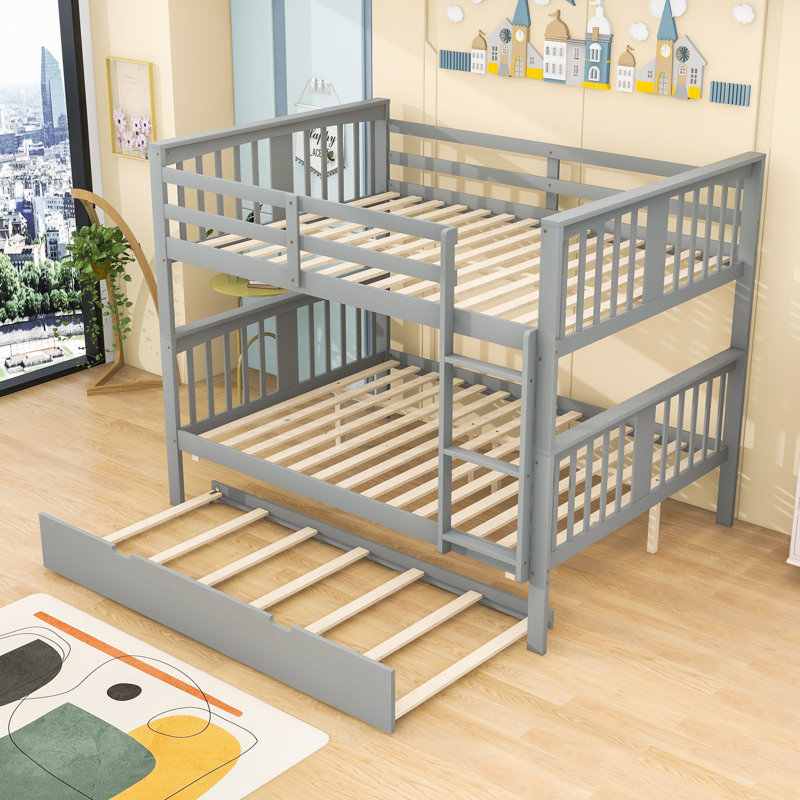 Full Over Full Wooden Bunk Bed With Twin Trundle And Convertible Design, Gray