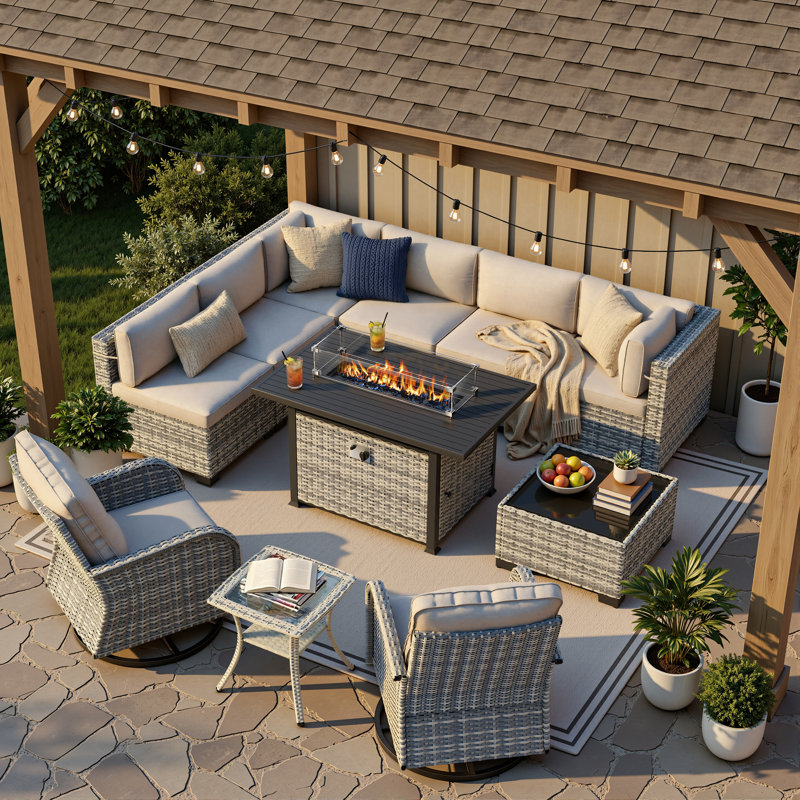 11-Piece Outdoor Patio Conversation Set With Propane Fire Pit Table, 7-Piece Wicker Sectional Sofa & Coffee Table, 2 Swivel Rocking Chairs & Side Table
