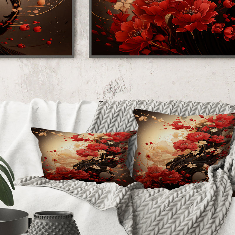 Coussin décoratif rouge sur fond rouge - Chrysanthemums on Branch