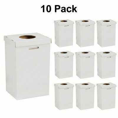 40 Gallon White Corrugated Cardboard Can & Bottle Recycling Station with Round-Opening Lid and Trash Bag Liner (Set of 10)
