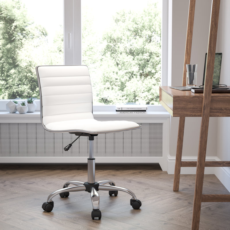 Low Back Designer Armless Ribbed Swivel Task Office Chair, White