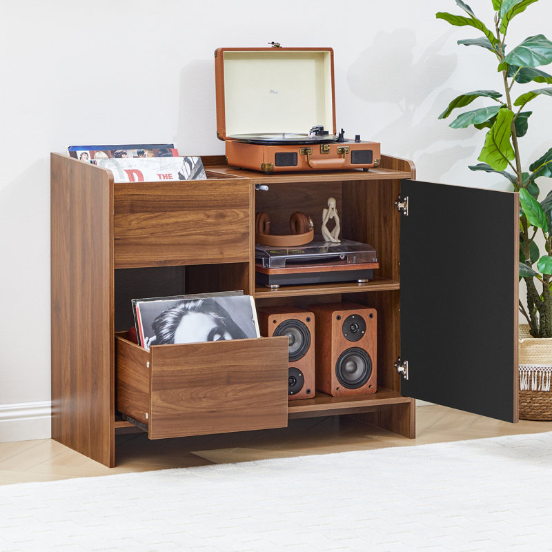 Support pour tourne-disque avec rangement en vinyle (l 35,4 po), Brun / Noir