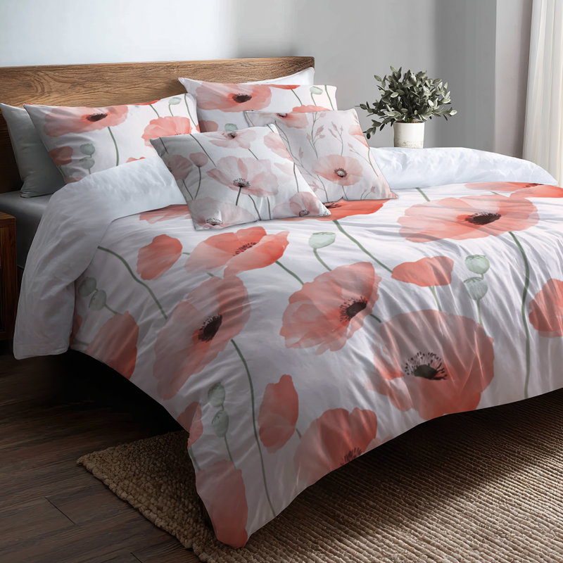 Ensemble d'édredon 6 pièces French Country - Ensemble de literie et oreiller Floral Blush Poppies