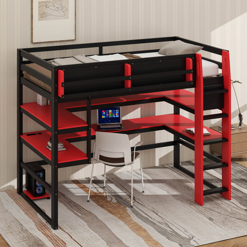 Gaming Loft Bed With Built-In Desk And Storage Shelves, Space-Saving Wooden Bed Frame With LED & Side Race, Lit simple, Rouge