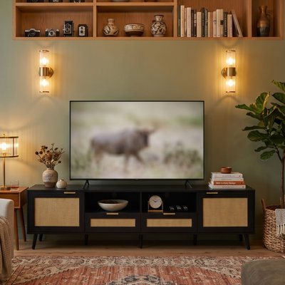 78.7" Modern Rattan Vikki For Tvs Up To 85 Inch, Farmhouse Media Console With Natural Rattan Doors & Solid Wood Legs, Black