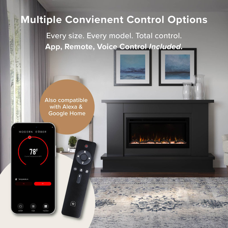 Modern Ember Patton 64" Mantel Package with 42" Electric Fireplace - Works w/ Alexa and Google Asst, Black