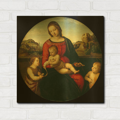 «Madonna with Child, St. John and a Child Saint» par Raphael, art mural en métal doré, 24 po x 24 po