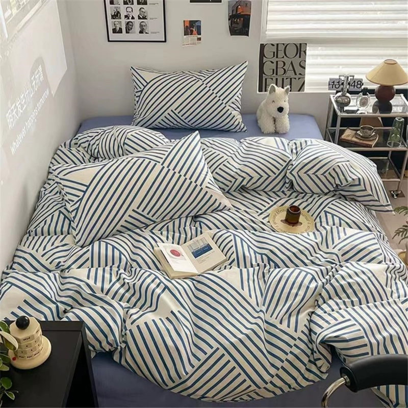 Modern Design 100% Cotton Duvet Cover Set, Blue Striped, Queen Duvet Cover + 2 Standard Pillowcases