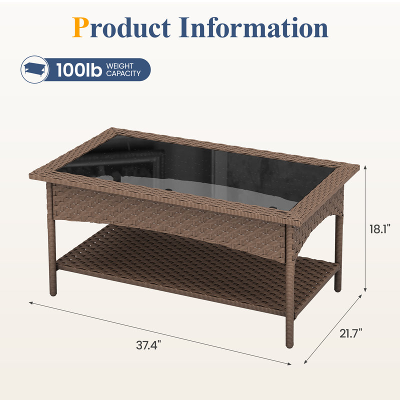 Table basse d'extérieur pour ensembles de meubles de patio, table centrale en rotin d'osier toutes saisons avec plateau en verre et espace de rangement à deux niveaux