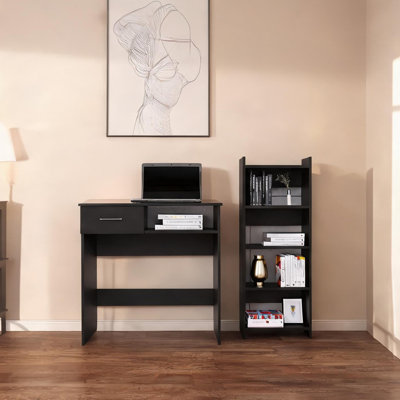 Particle Board Computer Desk with Bookcase and Keyboard Tray in Sleek Black, Rectangle Home Office Workstation Set