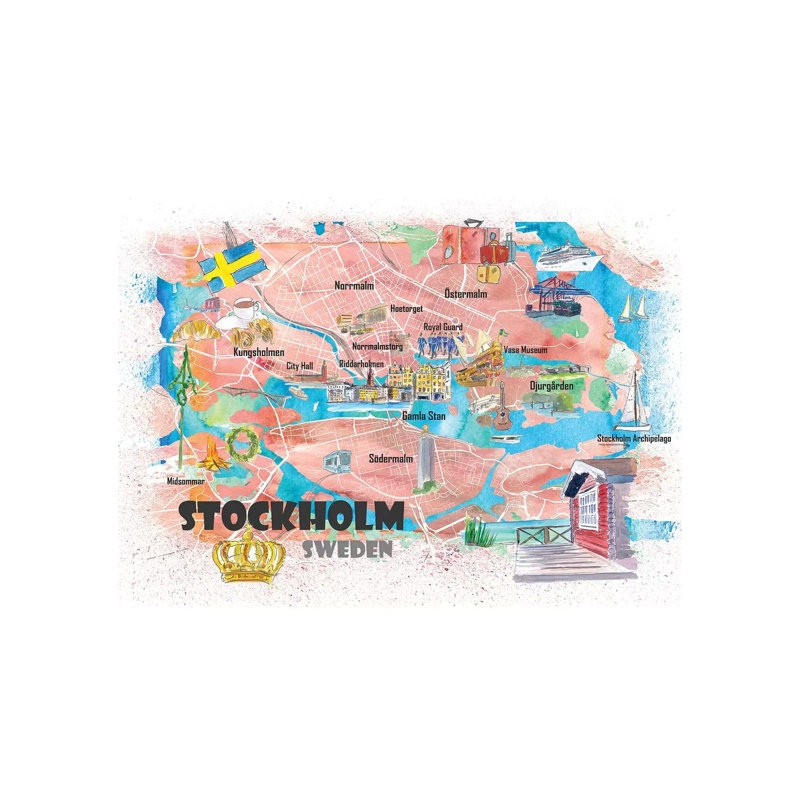 Stockholm Sweden Illustrated Map With Main Roads Landmarks And Highlights 1 Piece Wrapped Canvas Wall Art