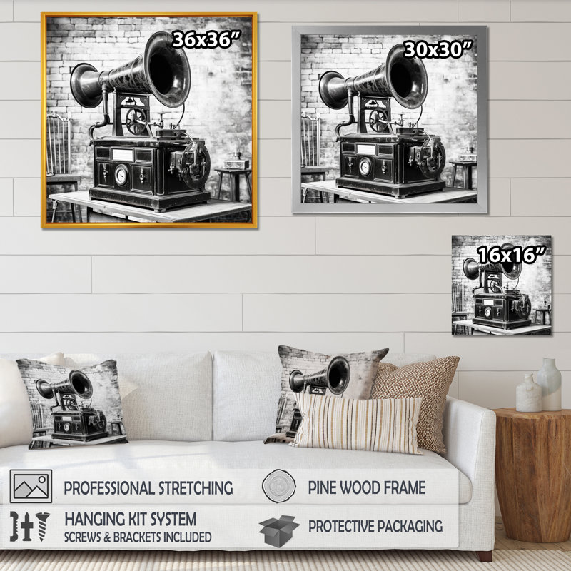 Vintage Phonographs Elegance - Phonographs, art mural, Cadre simple noir, H 16 po x l 16 po x P 1 po