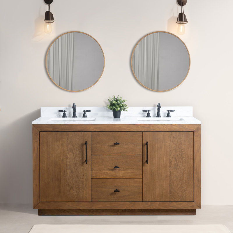 Ensemble de meuble-lavabo autoportant 60 po avec plateau en marbre d'ingénierie Avignon, Blanc Arabescato, Tanné, 60"