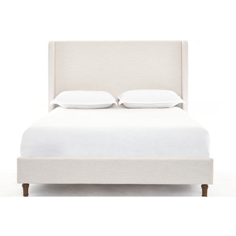 Cadre de grand lit tapissier de 54 po pour la tête de lit, revêtement en toile, traverses latérales en métal, pieds en chêne massif avec finition, cadre moderne pour chambre à coucher avec tête de lit à oreilles, tissu