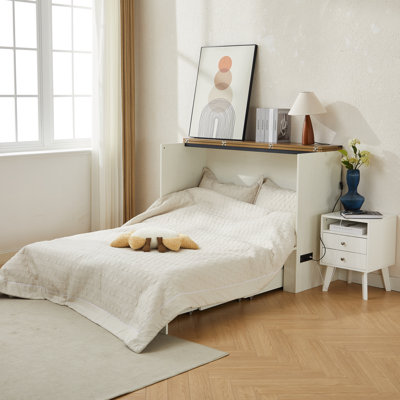 Farmhouse Queen Murphy Bed with Large Storage Drawer & Charging Station, White
