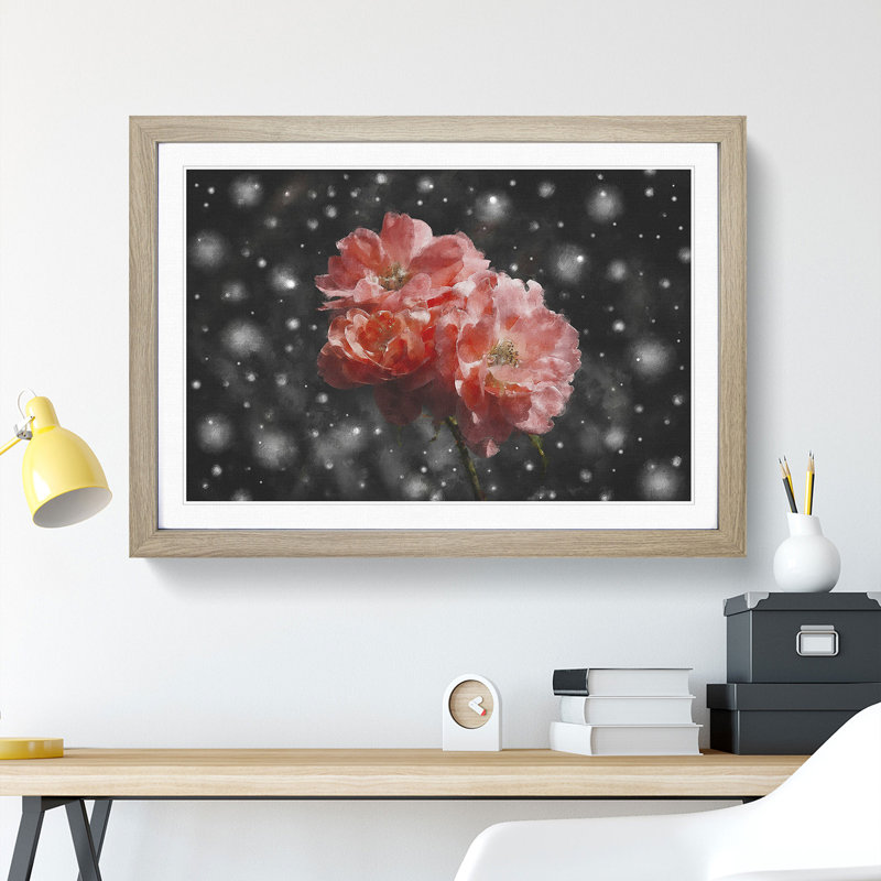 Three Pink Flowers - Picture Frame Graphic Art, 27cm H x 36cm W x 2cm D, Oak