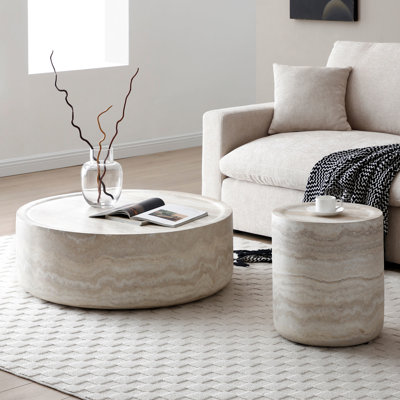 2 tables basses et tables d'appoint en similicuir texturé, conceptions rondes en fibre de verre, sans assemblage pour le salon de la table, assemblage, look magnifique