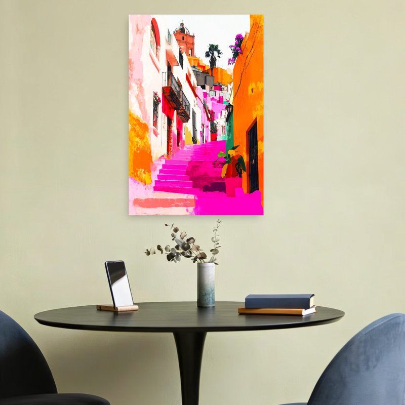 Vibrant Pink City Steps Colorful Vibrant Abstract Architecture City Wall Art Print 1 Piece Wrapped Canvas Wall Art