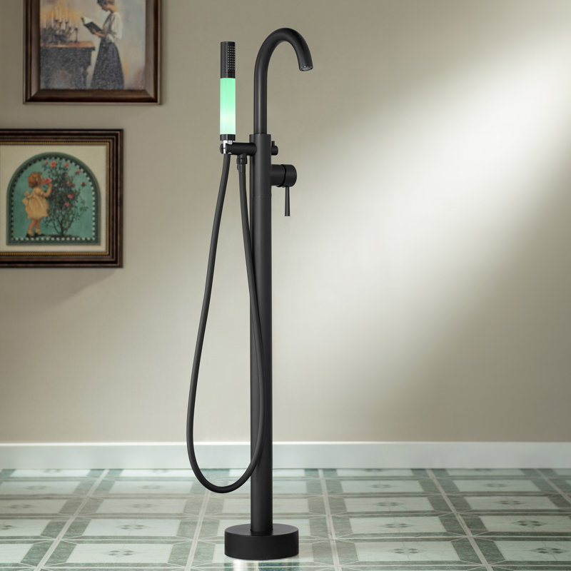 WOODBRIDGE Contemporary Single Handle Floor Mount Freestanding Tub Filler Faucet With Integrated LED Color-Changing Spray Head