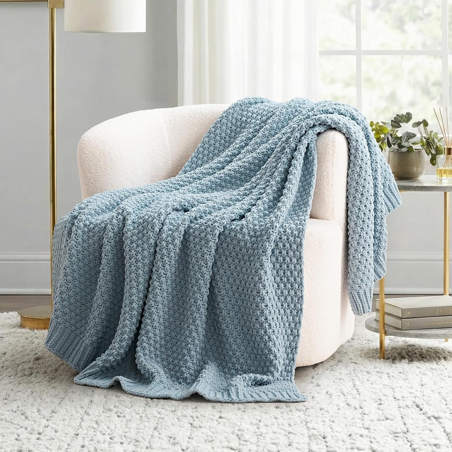 Chunky Chenille Weighted Throw Blanket, 60" L x 50" W, Chambray Blue