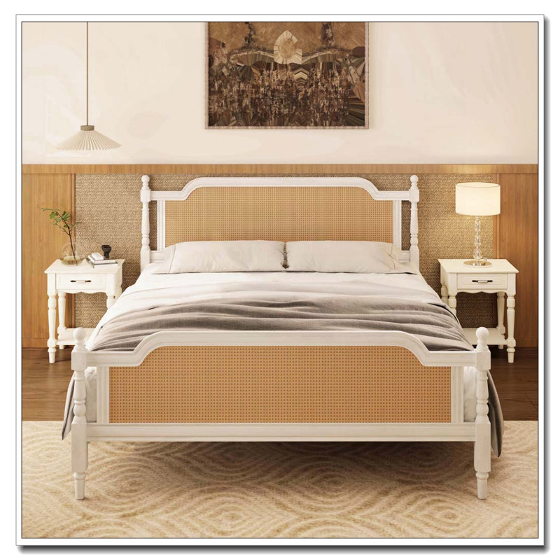 Rattan King Size Bed Frame, Antique White