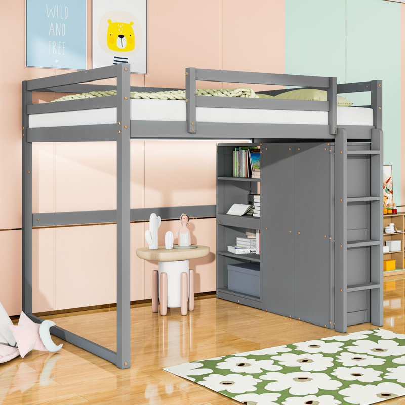 Full Size Wooden Loft Bed With Wardrobe, Multi-Layer Storage Shelves And LED Lighting, Gray