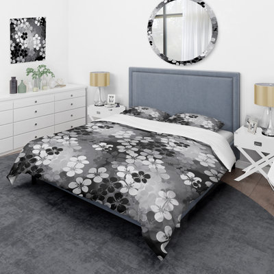 Fleurs noires et blanches - Ensemble de housse de couette floral - Polyester microfibre