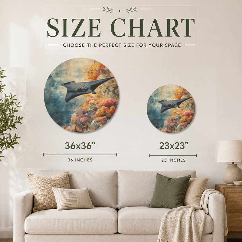 Manta Ray sur Reef Ridge - art mural rond en bois nautique, Rond 36 po, Round