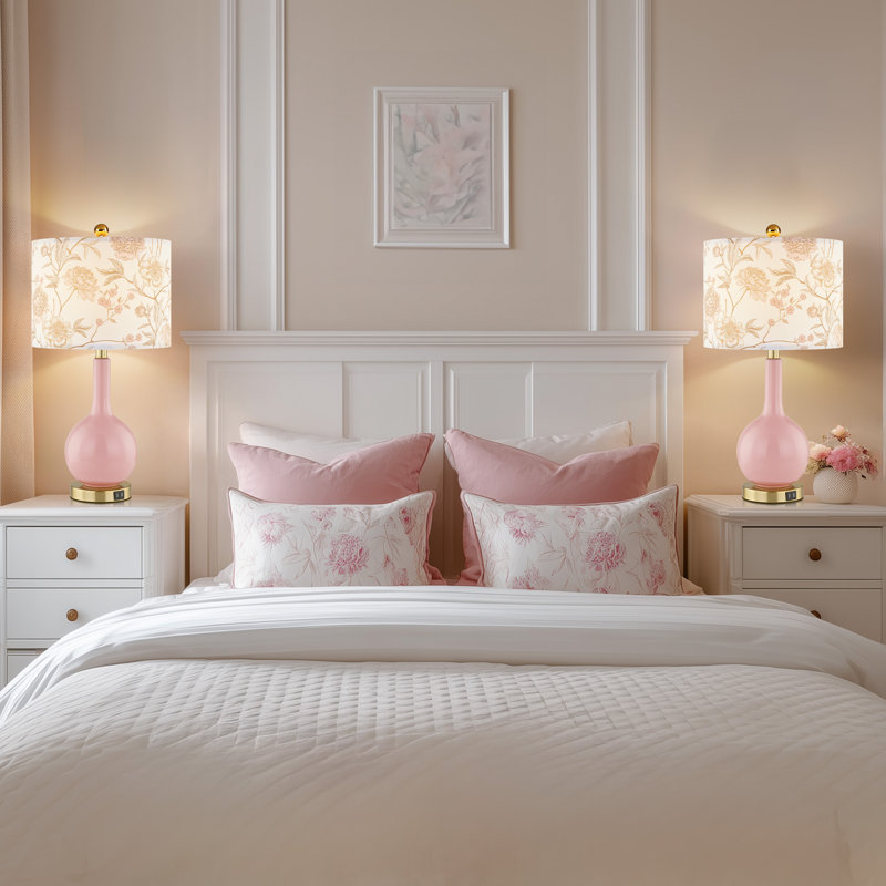 Gawronski 24" Pink Ceramic Table Lamp with Floral Shade and Dual USB Ports