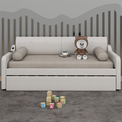 Volkman Twin Size Upholstered Sleigh Daybed with Trundle and USB Charging