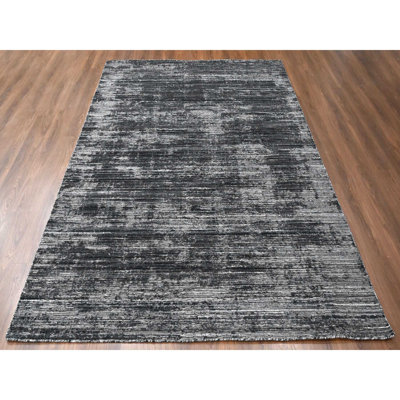8'3"x10' Onyx Black with a mix of Ivory, Modern Design, Hand Loomed, Wool and Plant Based Silk, Textured Pile, Oriental Rug