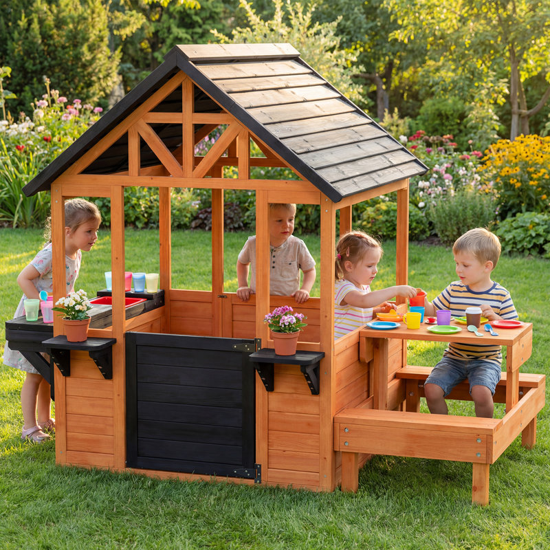 AIYAPLAY Outdoor Wooden Playhouse Picnic Table, Bench Ages 3-8, Light Brown