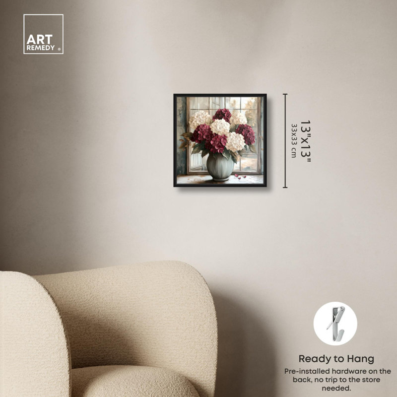Fenêtre, vin, marron, vase, toile, art floral glam par Art Remedy, Cadre noir, H 13 po x l 13 po