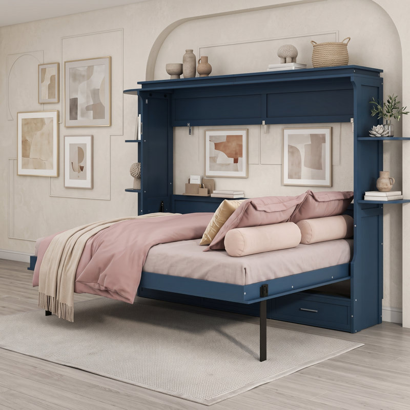 Lit escamotable 3 tiroirs avec tablettes latérales, Grand lit, Bleu