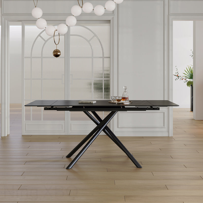 Table de salle à manger rétractable en pierre frittée moderne avec pieds en acier au carbone noir 71 pouces, Noir