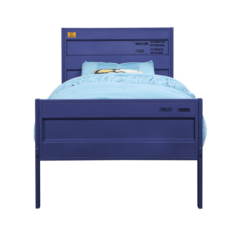 Lit simple à panneau avec finition bleu marine, structure en métal, panneaux rectangulaires encastrés en forme de bac à billes, aspect bac, 21 lattes, aucun sommier requis, pieds à profil bas, pieds, plaque de fer 25 x 50 mm, charge de 330 lb