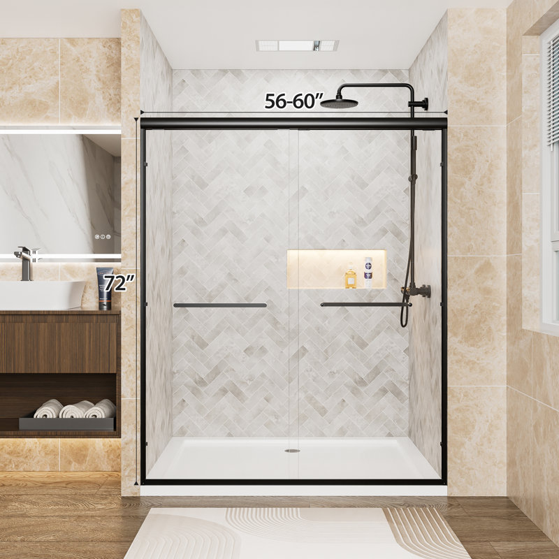 56-60" W X 72" H Double Sliding Shower Door, Matte Black Aluminum Frame, Clear Tempered Glass, Dual Stainless Steel Handles | Gift Idea