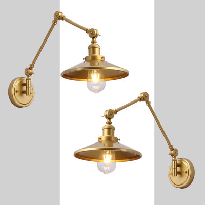 Modern 2pcs Swing Arm Plug In Wall Sconces, Adjustable Lampshade, Gold