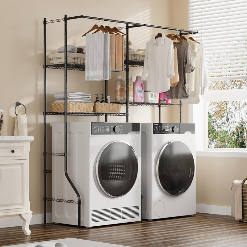 Over Washer and Dryer Storage Shelves, 4 Tiers Above Washer Dryer Storage Rack for Laundry Room Organization, Adjustable Height Clothes Drying Rack with Hanger Rod & Hook, Black