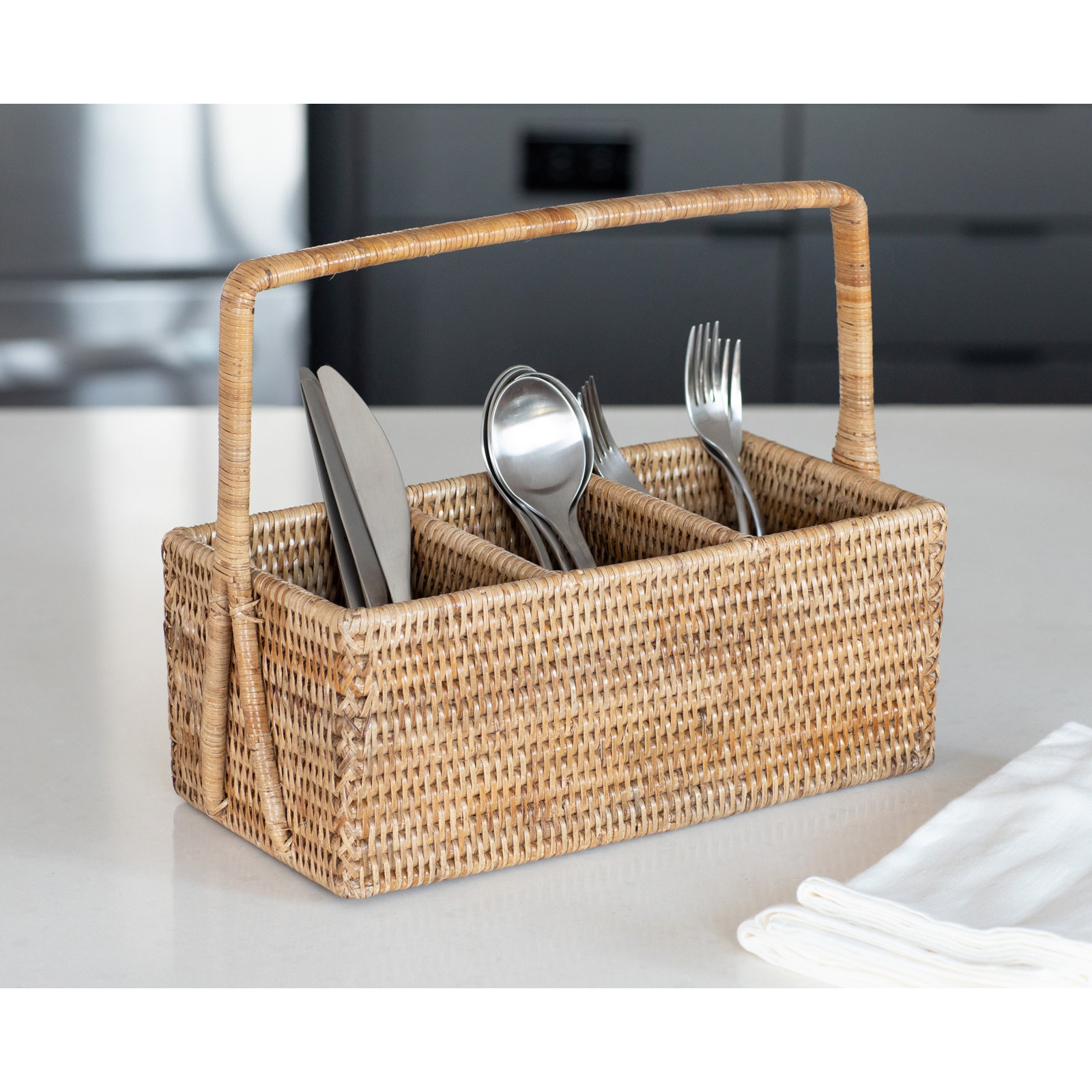 Camden Rattan Rectangle Flatware Caddy, Honey Brown