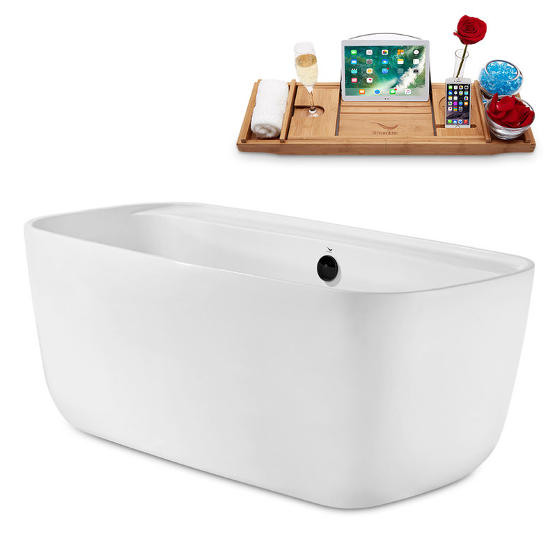 Baignoire de trempage autoportante 59 "avec drain et plateau en bambou 59" Streamline, Noir mat