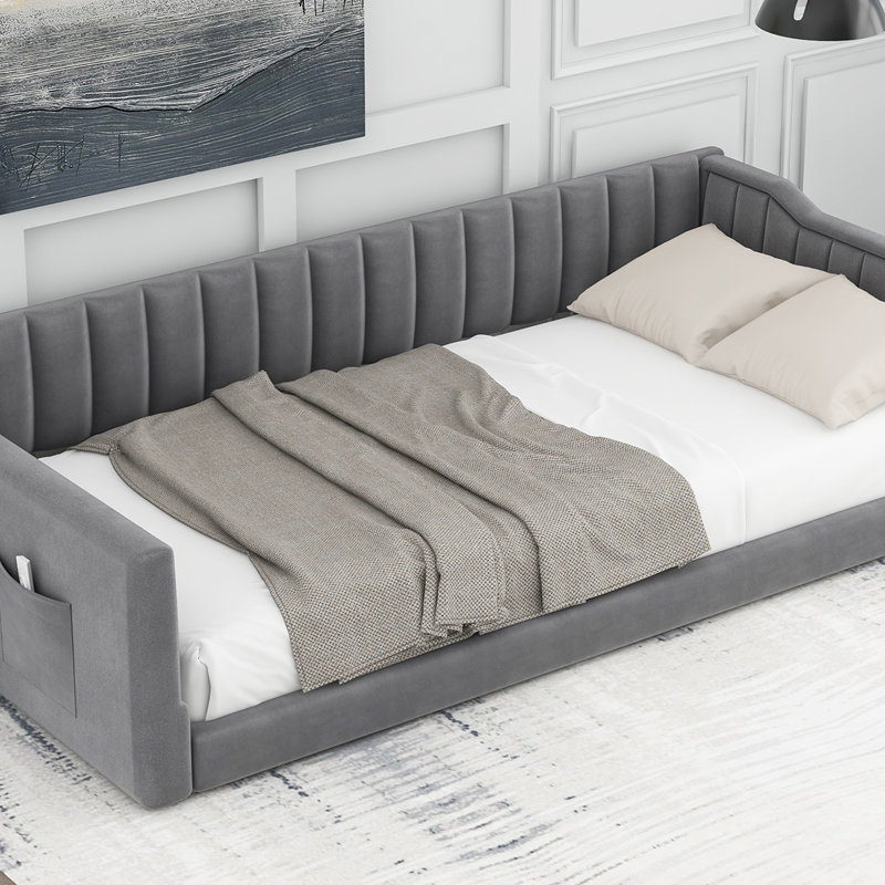 Lit de repos simple simple TG et pochette de rangement latérale, gris, Gris, Lit simple